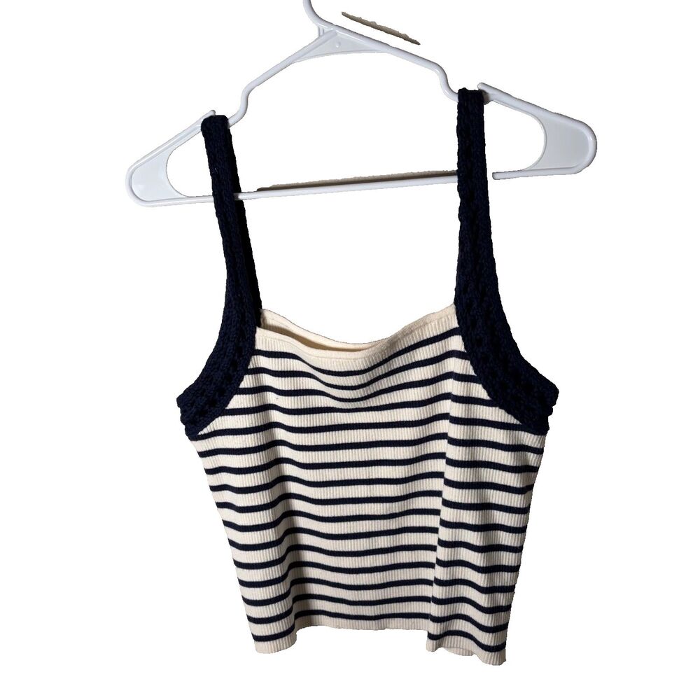 Aerie Tank Top Women's Large Striped Navy Knit Ribbed Crochet Cropped Casual